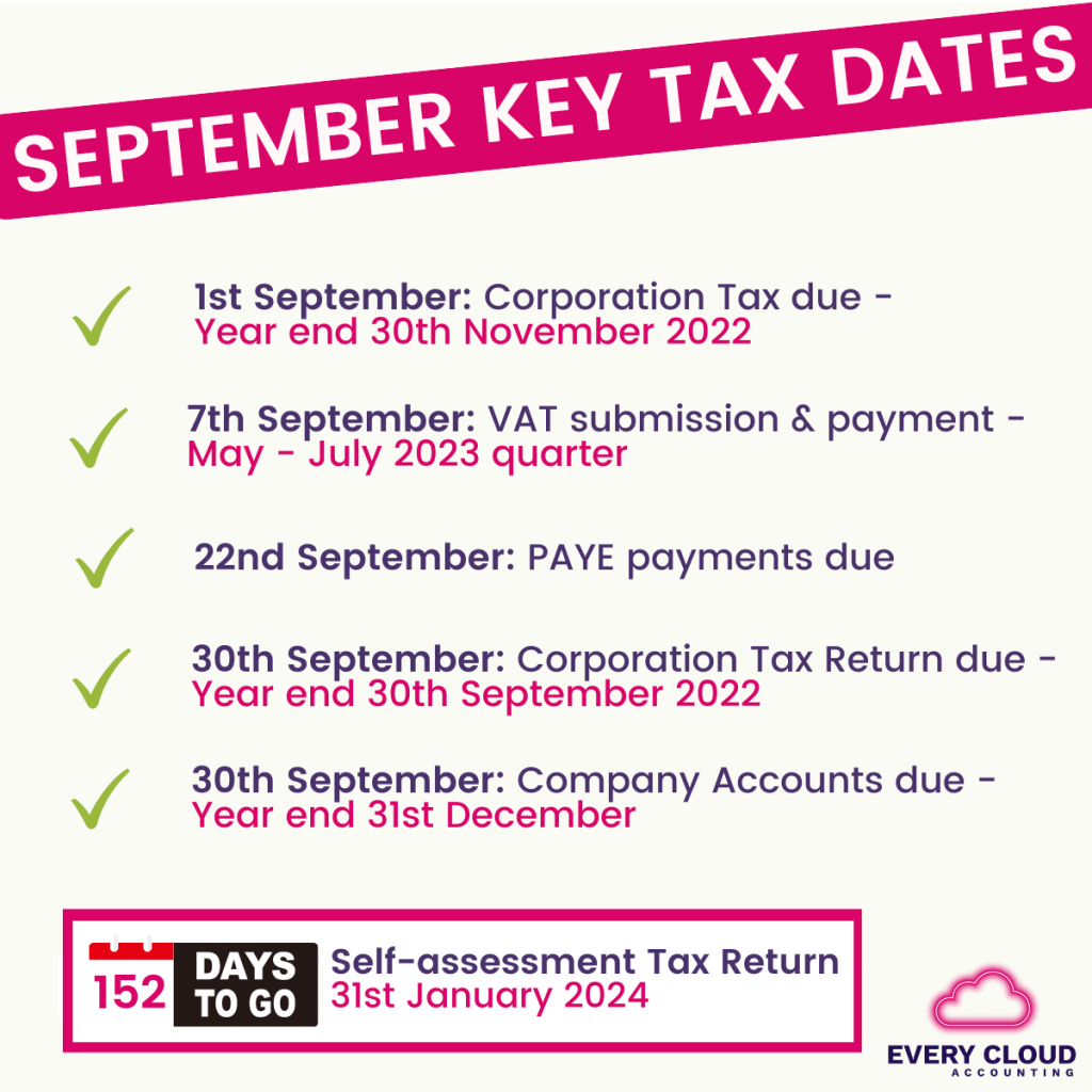 September key tax dates list with Self-assessment countdown