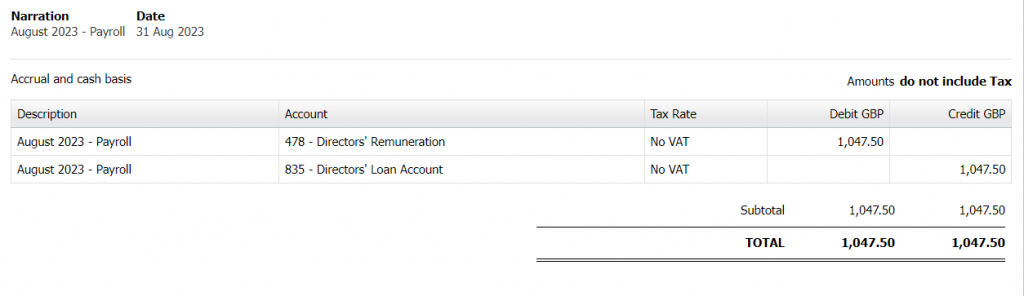 Example of a director only Payroll jounral on Xero
